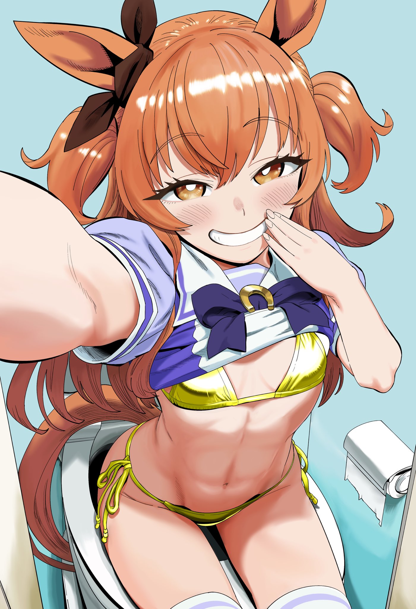 1girls, arm up, bathroom, bikini, blush, female, female only, golden week, hair ribbon, hand up, horse ears, horse girl, horse tail, kunitoro (artist), legwear, long hair, mayano top gun (umamusume), orange eyes, orange hair, partially clothed, presenting, ribbon, school uniform, schoolgirl, selfie, shirt, shirt up, solo, solo female, stockings, tail, thighhighs, two side up, umamusume, white legwear, yellow bikini
