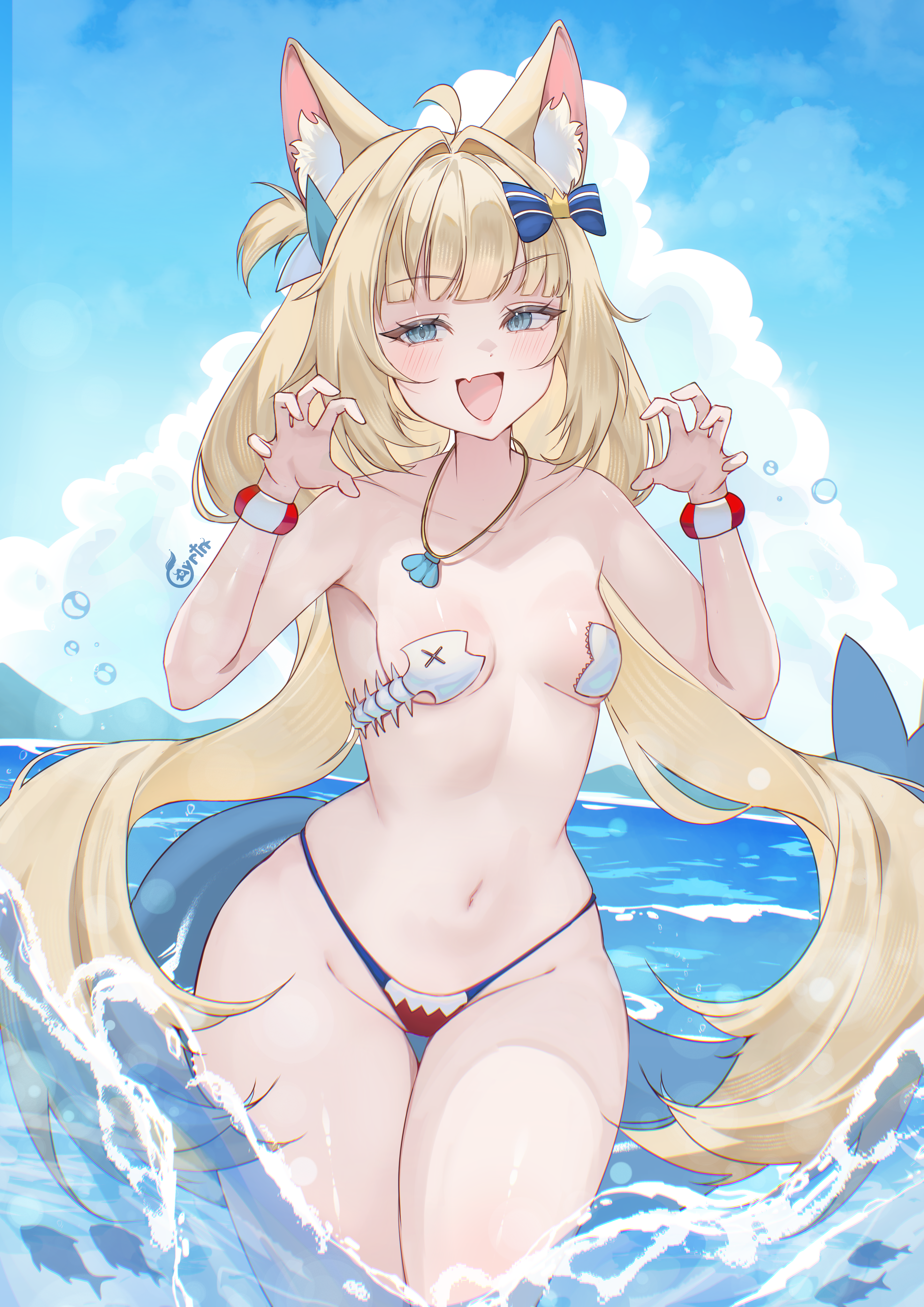 1girl, absurdres, ahoge, animal ears, ayrinsama, bikini, bikini bottom only, blonde hair, blue bikini, blue eyes, blue sky, blue streaks, blunt bangs, breasts, cat ears, claw pose, cleavage, cloud, commentary, day, fins, fish girl, fish tail, hands up, highres, indie virtual youtuber, jewelry, low twintails, multicolored hair, navel, necklace, ocean, one side up, outdoors, sameko saba, shell, shell necklace, sky, small breasts, solo, stomach, streaked hair, swimsuit, tail, thigh gap, twintails, virtual youtuber, wading, white streaks