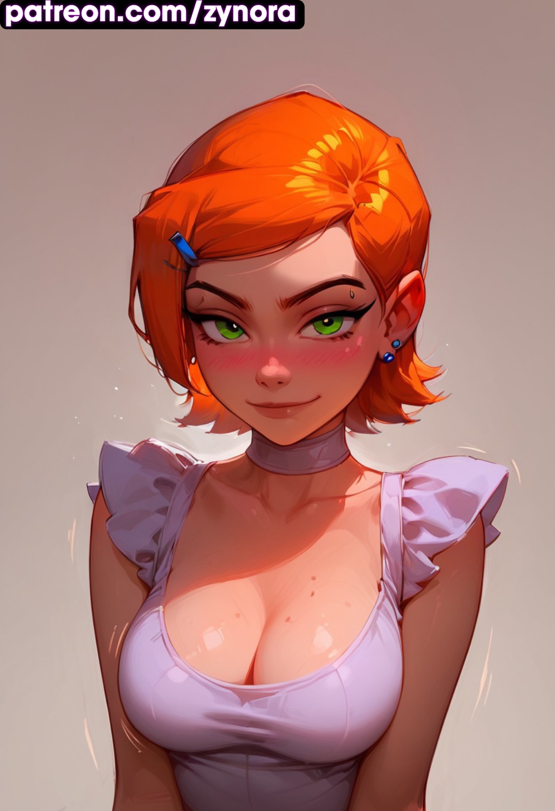 ai generated, ass, ben 10, big ass, big breasts, blush, breasts, cleavage, dress, exposed breasts, female, gwen tennyson, gwen tennyson (classic), looking at viewer, medium breasts, orange hair, pose, ryuuziken01, short hair, shy, warm colors