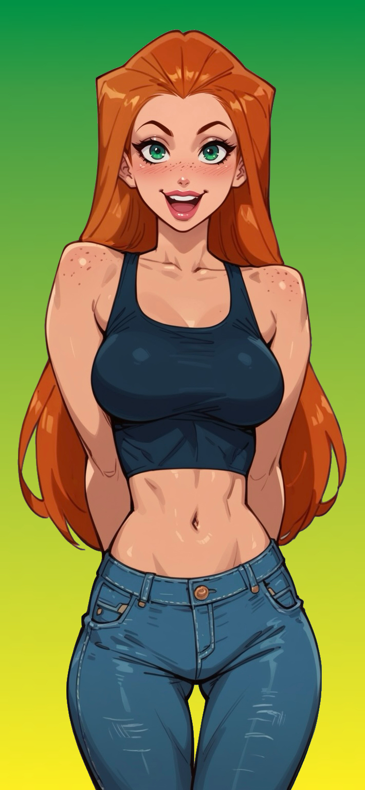 ai_generated belly_button big_breasts black_tank_top breasts crop_top freckles freckles_on_face ginger ginger_hair green_eyes large_breasts navel paulinebabe pubic_hair red_hair sam_(totally_spies) smiling_at_viewer tagme totally_spies