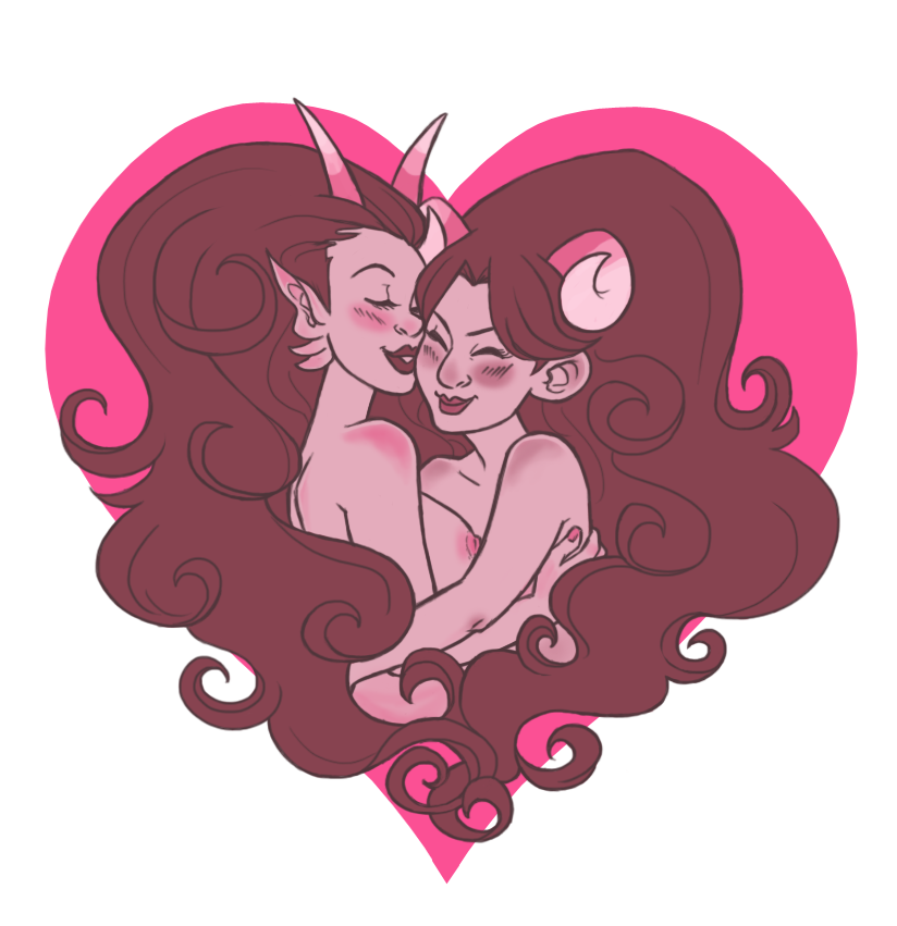 2girls aradia_megido black_hair black_lips blush breasts cheek_kiss feferi_peixes fins happy heart homestuck horns kiss lesbian long_hair ms_paint_adventures multiple_girls naked nipples pointy_ears red_lips smile troll white_background