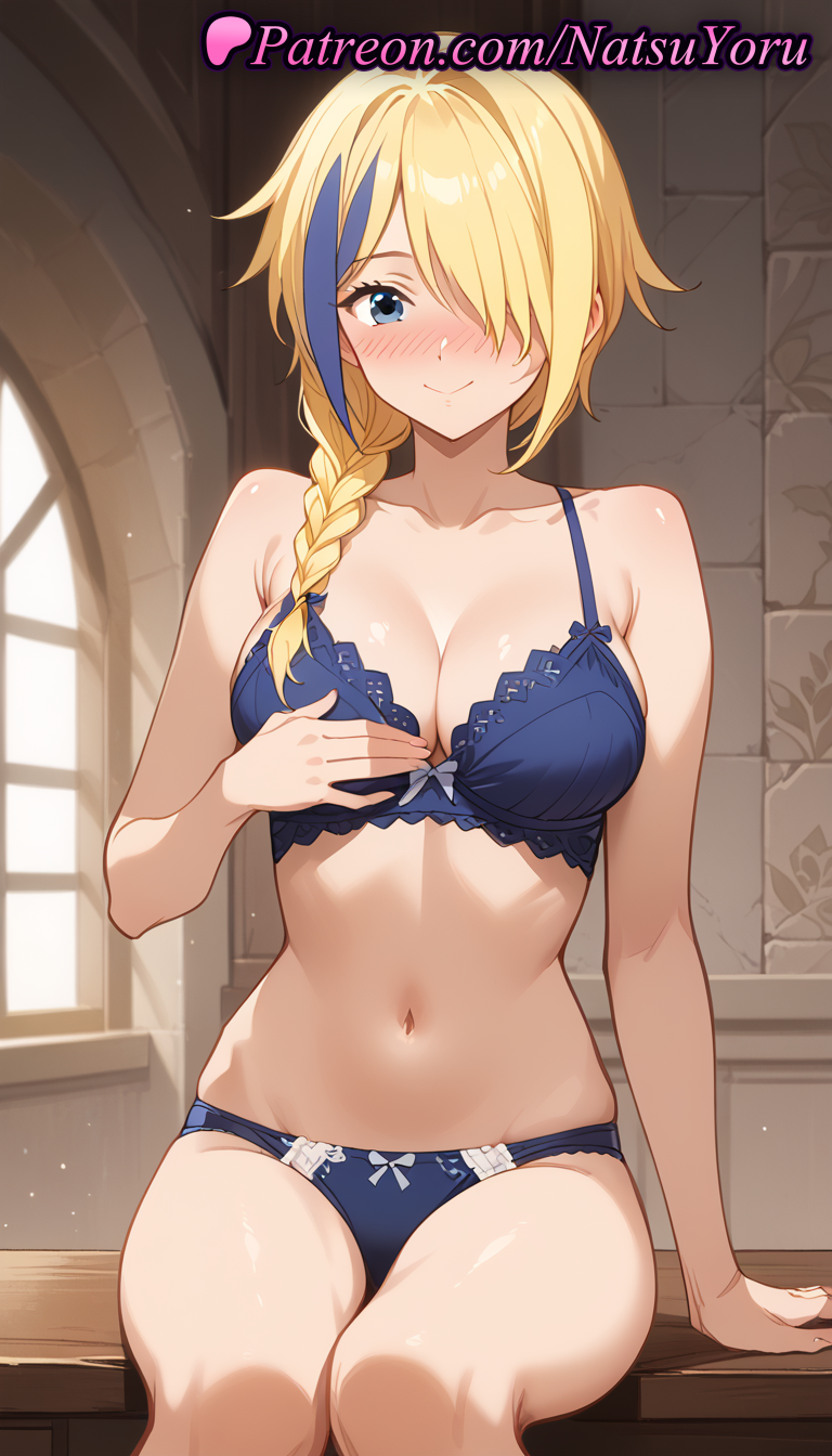 1girls ai_generated anime anime_style arm_support bangs bare_arms bare_shoulders blonde_hair blue_bra blue_eyes blue_hair blue_panties blush bow bow_bra bow_panties bra braid braided_ponytail breasts bust busty claire_(konosuba) cleavage closed_mouth collarbone female female_focus female_only hair_over_one_eye hair_over_shoulder hand_on_own_chest hand_up hentai indoors kono_subarashii_sekai_ni_shukufuku_wo! large_breasts legs_together long_hair looking_at_viewer medium_breasts multi-colored_hair multicolored_hair natsuyoru navel non-asian nose_blush one_eye_covered panties pantsu single_braid sitting skindentation smile solo solo_female stomach streaked_hair thighs two-tone_hair underwear underwear_only voluptuous voluptuous_female window