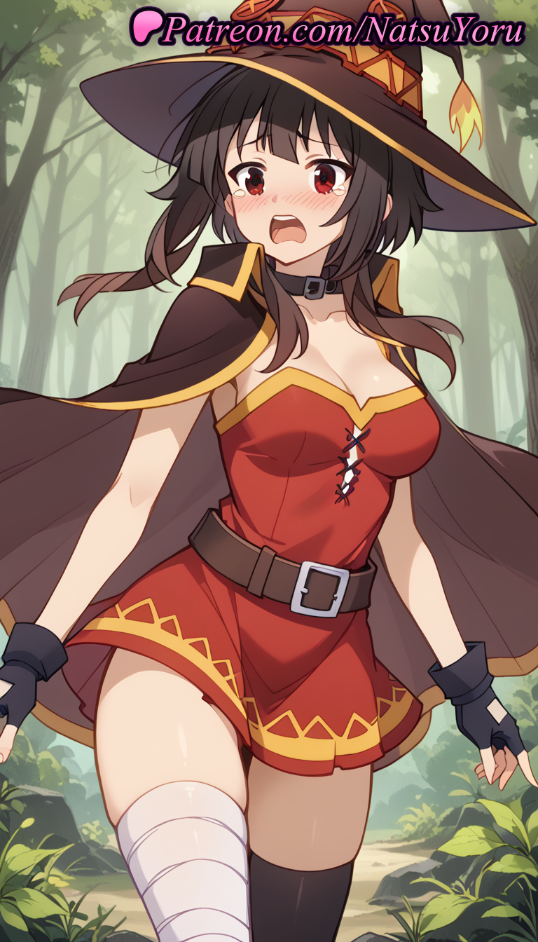 1girls ai_generated alternate_breast_size anime anime_style asian bandaged_leg bandages bangs belt black_belt black_cape black_choker black_gloves black_hair black_headwear black_thighhighs blush breasts brown_belt brown_cape brown_hair brown_headwear buckle bust busty cape choker cleavage collar collarbone cowboy_shot day dress female female_focus female_only female_solo fingerless_gloves forest gloves hat hentai kono_subarashii_sekai_ni_shukufuku_wo! looking_at_viewer medium_breasts megumin natsuyoru nature open_mouth outdoors raised_eyebrows red_dress red_eyes short_dress short_hair short_hair_with_long_locks sidelocks single_thighhigh skindentation solo solo_female standing strapless strapless_dress tearing_up tears teeth thighhighs thighs tree upper_teeth_only voluptuous voluptuous_female witch_hat zettai_ryouiki