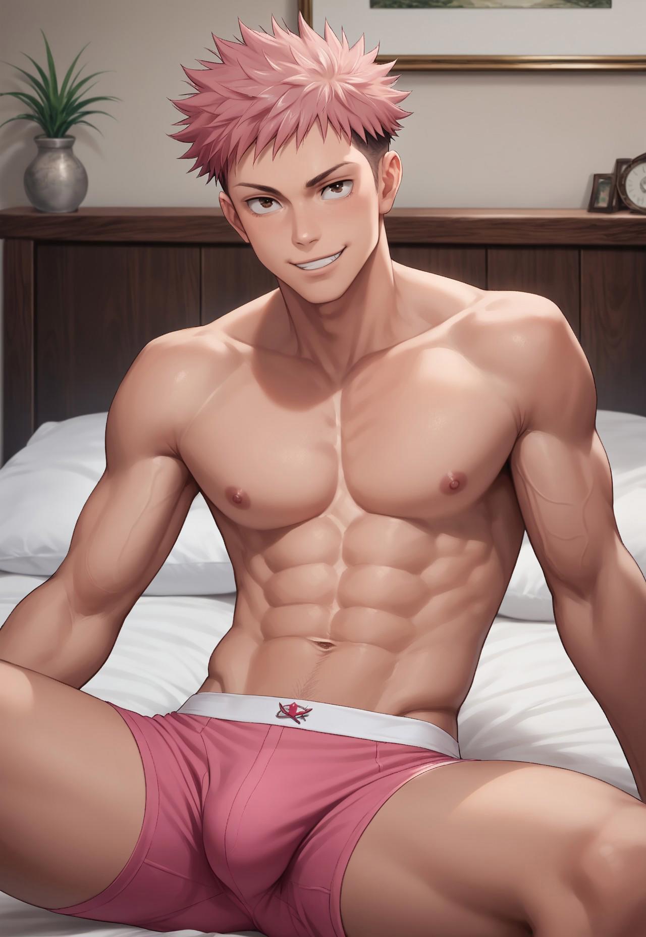 1boy abs ai_generated boxer_briefs brown_eyes bsky_link bulge civitai dvxxxgrai indoors itadori_yuuji jujutsu_kaisen male male_focus male_only male_underwear nipples nude nude_male on_bed pink_hair pink_male_underwear pink_underwear pony_diffusion_xl smile solo solo_focus solo_male spread_legs tagme toned toned_body toned_male twitter_link undercut underwear