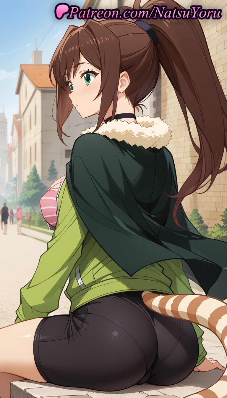 1girls ai_generated anime anime_style asian ass back bangs bike_shorts black_choker black_shorts blush breasts brown_hair building bust busty cape choker closed_mouth covered_nipples day female female_focus female_only from_behind fur_collar fur_trim green_cape green_eyes green_jacket hentai high_ponytail jacket juicy_butt kono_subarashii_sekai_ni_shukufuku_wo! large_breasts long_hair long_sleeves looking_at_viewer looking_back natsuyoru oshiri outdoors pantylines ponytail rin_(konosuba) scrunchie shirt shorts sidelocks sitting solo solo_female solo_focus striped striped_clothes striped_tail tail thighs tiger_tail underwear voluptuous voluptuous_female zipper