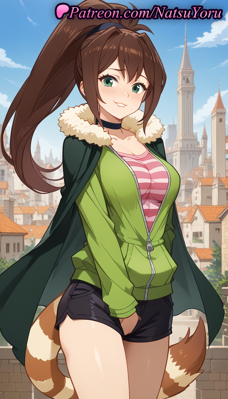 1girls ai_generated anime anime_style bangs black_choker black_shorts blue_sky blush breasts brown_hair building bust busty cape choker cleavage collarbone cowboy_shot day female female_focus female_only fur fur-trimmed_cape fur_trim green_cape green_eyes green_jacket grin hair_intakes hentai high_ponytail jacket kono_subarashii_sekai_ni_shukufuku_wo! large_breasts long_hair long_sleeves looking_at_viewer medium_breasts natsuyoru outdoors parted_lips partially_unzipped pink_shirt ponytail raccoon_tail rin_(konosuba) shirt short_shorts shorts sky smile solo solo_female standing striped striped_clothes striped_shirt striped_tail tail thighs voluptuous voluptuous_female zipper zipper_pull_tab