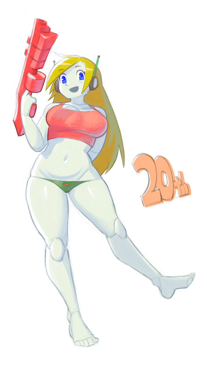 anniversary cave_story crop_top curly_brace firearm full_body green_panties holding_weapon large_breasts navel noill panties thick_thighs underwear_only wide_hips