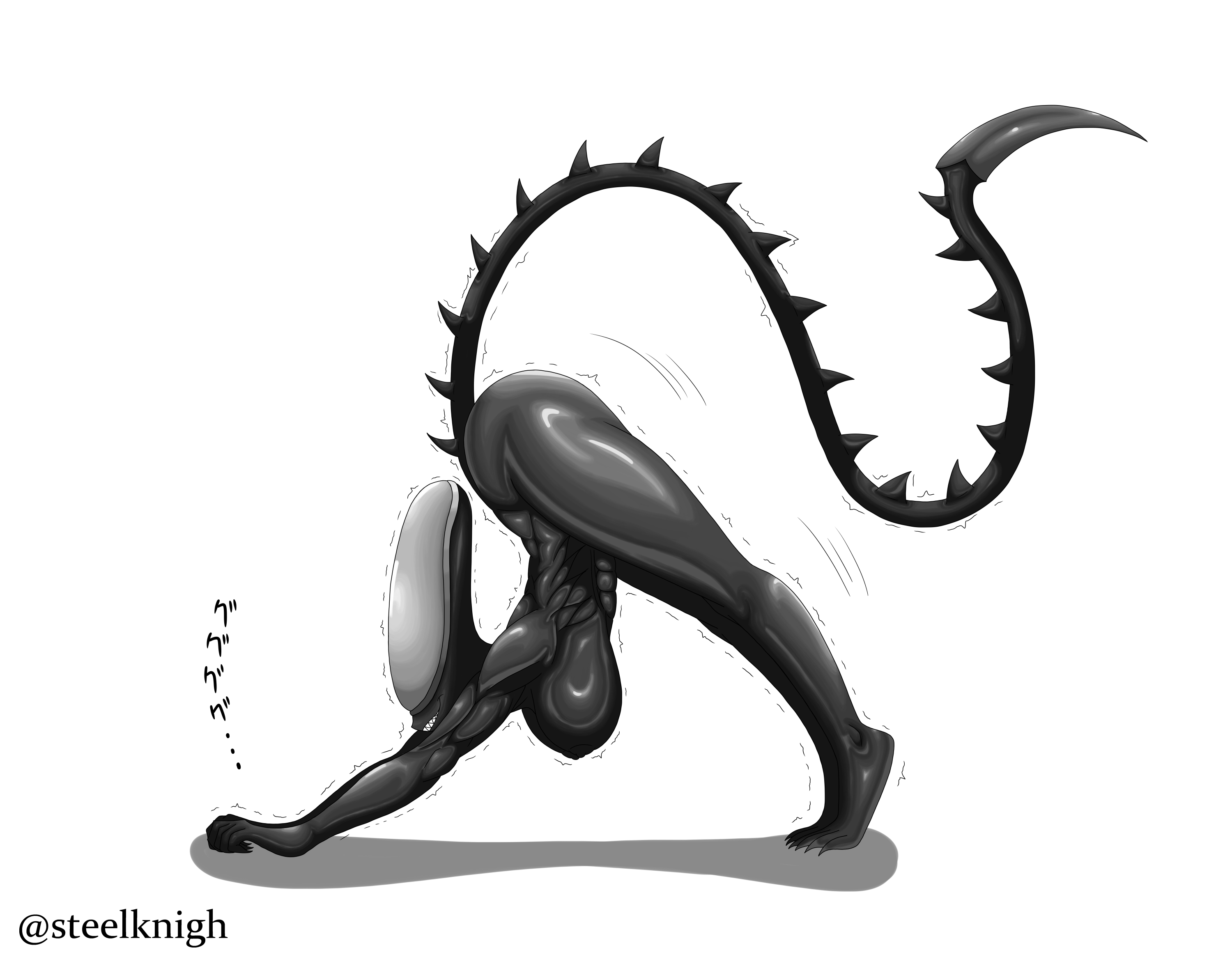 1girls, 2d, alien, alien (franchise), alien girl, ass, athletic, athletic female, big ass, big breasts, big thighs, black body, breasts, dark body, female, female only, female xenomorph, femomorph, flexible, long tail, meme, sharp claws, sharp teeth, simple background, solo, solo female, steelknigh, stretching, tail, watermark, xenomorph, yoruichi pose, yoruichi stretch