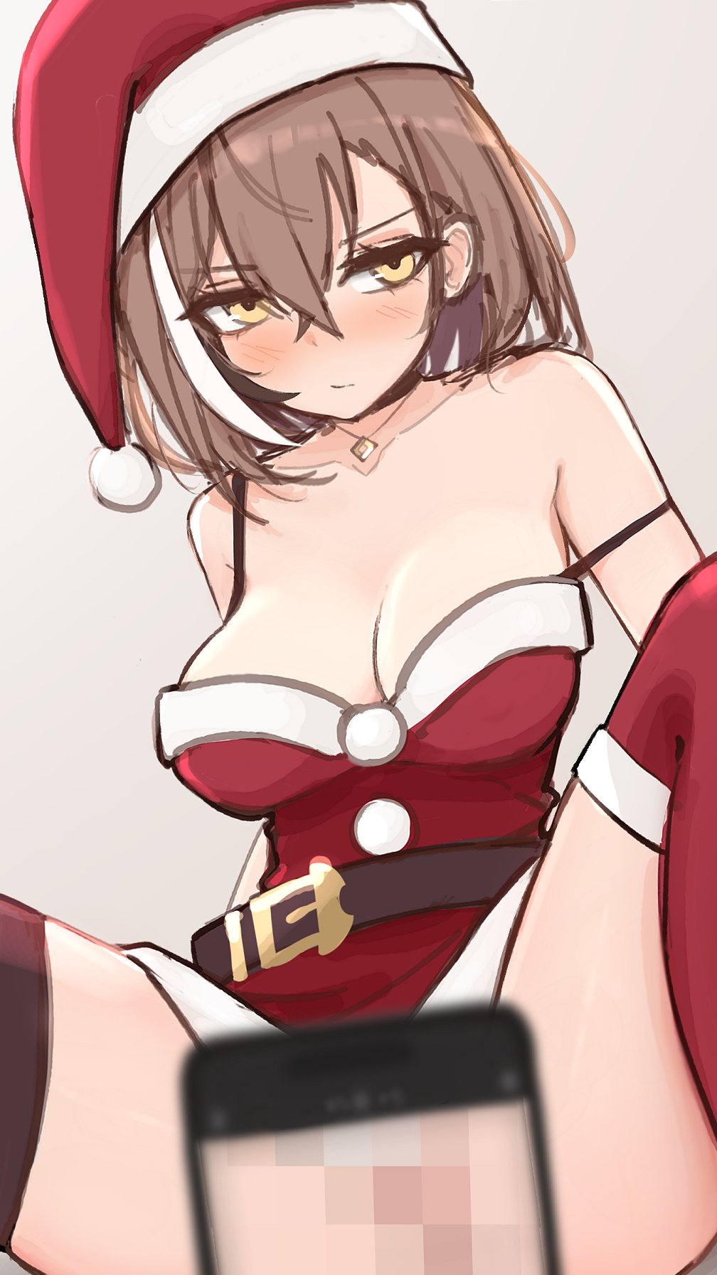 belt blush breasts brown_eyes brown_hair cellphone censored choker cleavage dress female grey_background hat highres hololive hololive_english m_r_b medium_breasts mosaic_censoring multicolored_hair nanashi_mumei phone pussy santa_costume santa_dress santa_hat short_hair simple_background sitting smartphone solo spread_legs strap_slip streaked_hair thighhighs virtual_youtuber white_hair