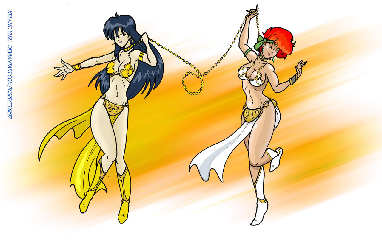 2girls belly_dancer belly_dancer_outfit black_hair boots cleavage crossover_cosplay dancer dancer_outfit dancing dirty_pair harem harem_girl harem_outfit inspector97 kei_(dirty_pair) large_breasts loincloth long_hair red_hair slave slave_bikini slave_collar slave_leia_(cosplay) slave_outfit slavegirl star_wars yuri_(dirty_pair)