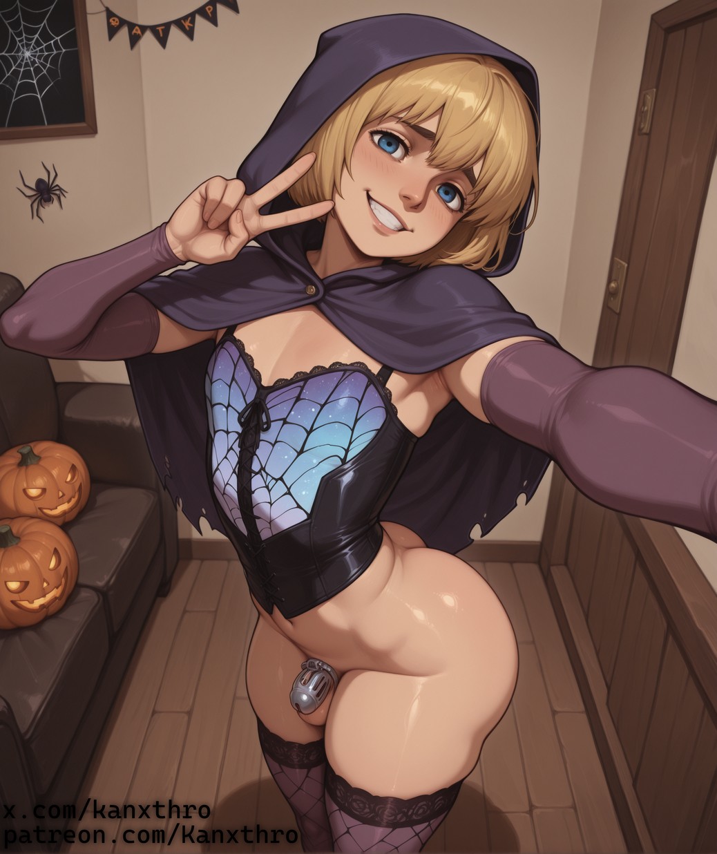 1boy, ai generated, armin arlert, armpits, ass, attack on titan, balls, blonde hair, blue eyes, chastity cage, cloak, corset, femboy, halloween, hood up, kanxthro, looking at viewer, otoko no ko, penis, posing, pumpkin, selfie, shingeki no kyojin, short hair, small balls, small penis, smile, solo, thighhighs, v sign
