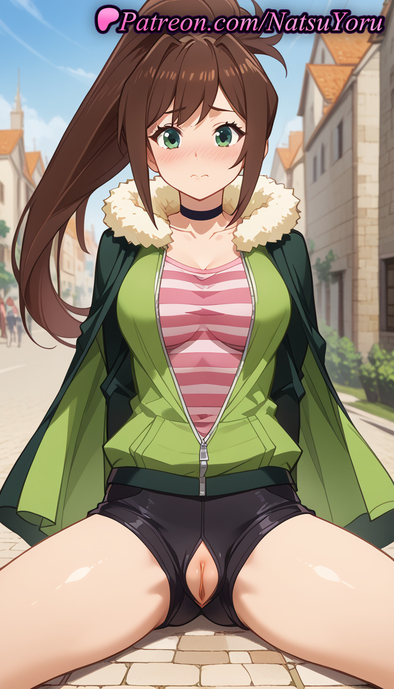 1girls ai_generated anime anime_style asian ass_visible_through_thighs bangs black_choker black_shorts blush breasts brown_hair building bust busty cape choker closed_mouth collarbone covered_navel crotch_cutout crotchless day embarrassed female female_focus female_only fur_trim green_cape green_eyes green_jacket hentai jacket kono_subarashii_sekai_ni_shukufuku_wo! labia large_breasts long_hair looking_at_viewer medium_breasts natsuyoru no_panties open_clothes open_jacket outdoors partially_unzipped pink_shirt ponytail public_indecency pussy rin_(konosuba) shirt short_shorts shorts sitting sky solo solo_female solo_focus spread_legs street striped striped_clothes striped_shirt thighs town uncensored unzipped vagina voluptuous voluptuous_female zipper zipper_pull_tab