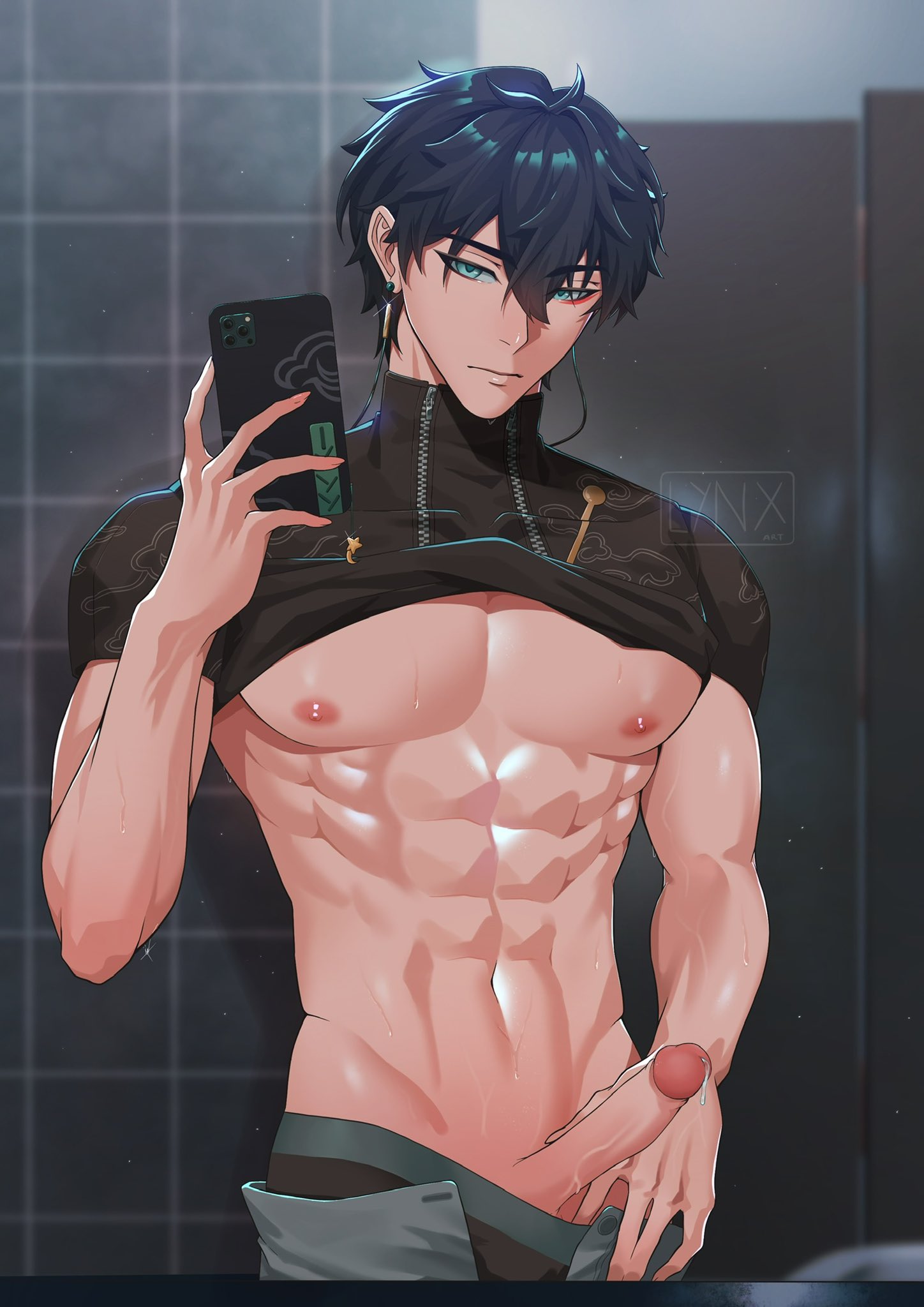 1boy abs bathroom black_hair dan_heng honkai:_star_rail leaking leaking_cum lynx_art_(artist) male_only mirror_selfie muscular muscular_male pants_down penis shirt_lift taking_picture veiny_penis