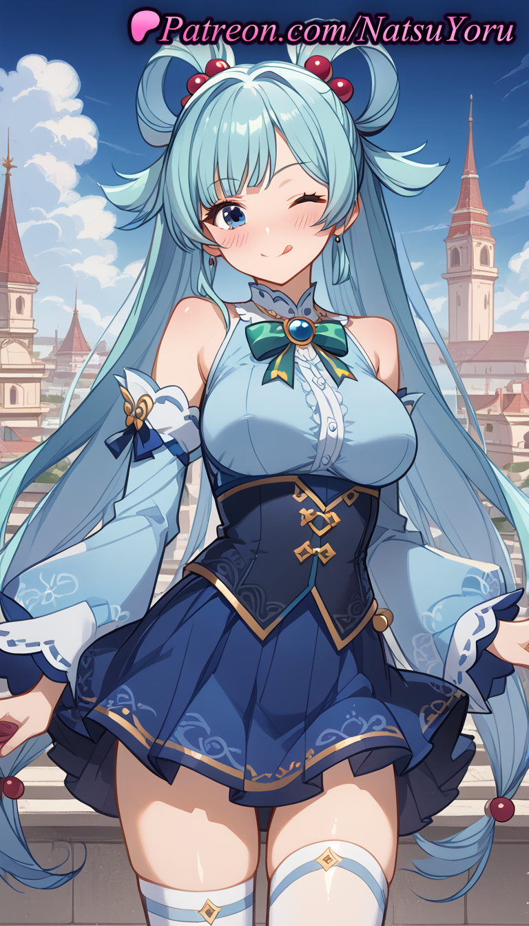 1girls :q ;q ai_generated anime anime_style aqua_(konosuba) aqua_hair asian bangs bare_shoulders blue_eyes blue_hair blue_shirt blue_skirt blue_sky blush bow bowtie breasts bust busty closed_mouth cloud corset cowboy_shot day detached_sleeves earrings female female_focus female_only female_solo frilled_sleeves frills green_bow green_bowtie hair_bobbles hair_intakes hair_ornament hair_rings hentai huge_breasts jewelry kono_subarashii_sekai_ni_shukufuku_wo! large_breasts long_hair long_sleeves looking_at_viewer medium_breasts miniskirt natsuyoru non-asian one_eye_closed outdoors pleated_skirt puffy_sleeves shirt single_hair_ring skindentation skirt sky sleeveless sleeveless_shirt smile solo solo_female thighhighs thighs tongue tongue_out twintails underbust very_long_hair voluptuous voluptuous_female white_thighhighs wide_sleeves zettai_ryouiki