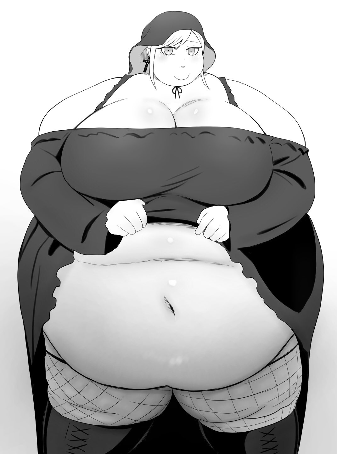 1girls black_and_white fat_fetish hood large_belly large_breasts morbidly_obese_female nikutsuki obese ssbbw