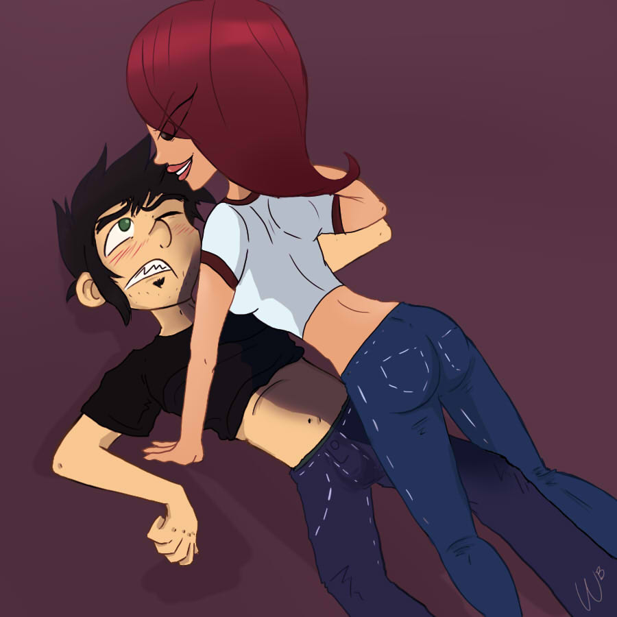 1boy 1boy1girl 1girls assertive_female black_shirt cheating_boyfriend cheating_wife clenched_teeth cousins dan_(dan_vs) dan_vs. elise_pearson jeans lying midriff on_back one_eye_closed simple_background smile soul_patch t-shirt tagme white_shirt