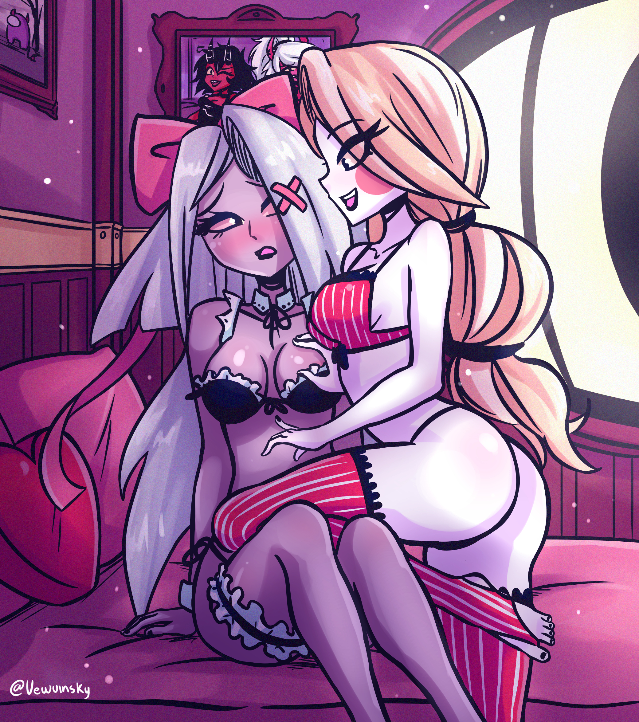 2girls, bare arms, bare legs, bare shoulders, bare thighs, big breasts, blonde hair, blush, bra, breasts, charlie morningstar (hazbin hotel), clothed, clothing, color, female, female focus, female only, grey hair, hazbin hotel, hi res, large breasts, light skin, light-skinned female, lingerie, long hair, panties, solo female, tagme, thick thighs, thighhighs, underwear, vaggie (hazbin hotel), vewuinsky, vivienne medrano, yuri