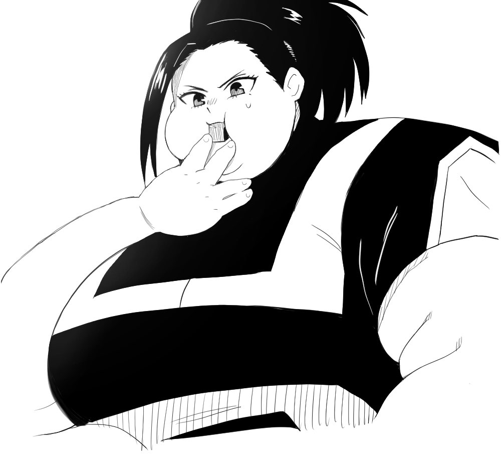 1girls black_and_white chubby_face clothed eating fat fat_fetish large_breasts light-skinned_female momo_yaoyorozu morbidly_obese my_hero_academia nikutsuki obese ssbbw