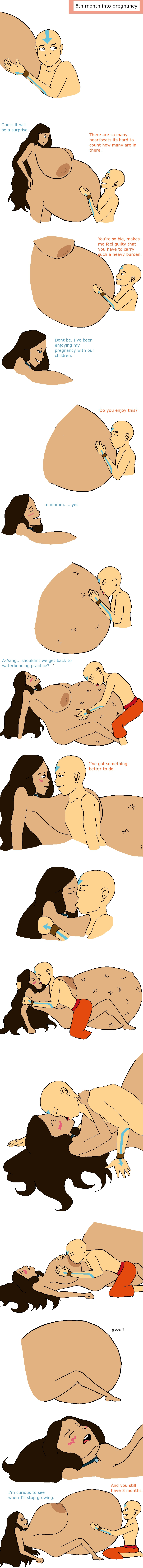 1boy 1girls aang air_nomad airbender_tattoo avatar_legends avatar_the_last_airbender blush clothing comic dark-skinned_female dark_skin female gigantic_breasts hyper_pregnancy interracial katara male pregnant straight_hair the_avatar water_tribe weebie3