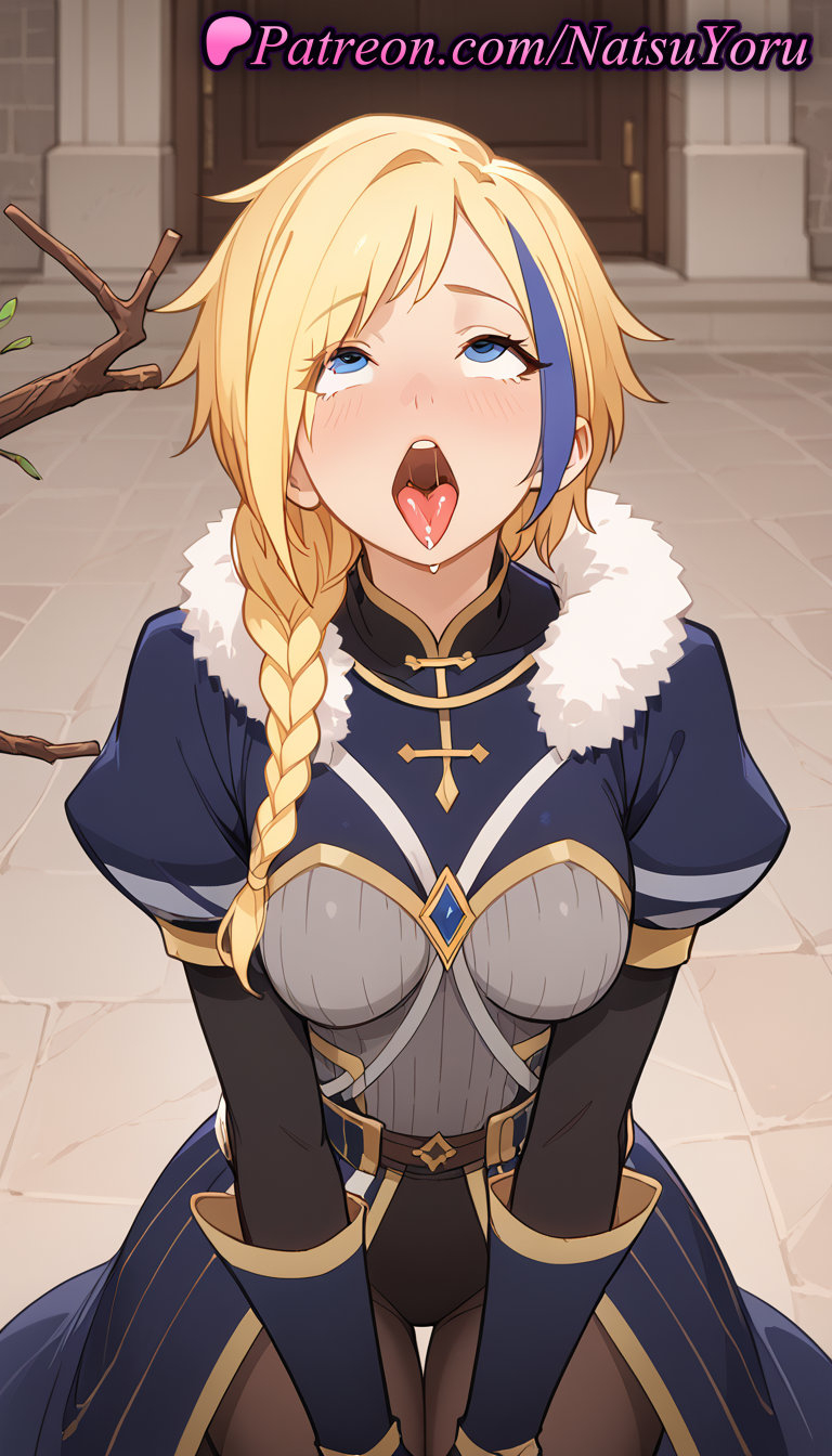 1girls ahe_gao ai_generated anime anime_style armor asymmetrical_hair blonde_hair blue_eyes blue_hair blush braid braided_ponytail branch breasts brick_floor brown_pantyhose bust busty claire_(konosuba) door drooling female female_focus female_only female_solo fur_collar fur_trim gloves hair_over_shoulder hentai juliet_sleeves kneeling kono_subarashii_sekai_ni_shukufuku_wo! leotard long_hair long_sleeves looking_up medium_breasts multi-colored_hair multicolored_hair natsuyoru non-asian open_mouth oral_invitation pantyhose puffy_short_sleeves puffy_sleeves rolling_eyes saliva saliva_drip short_over_long_sleeves short_sleeves single_braid sitting solo solo_female stone_floor streaked_hair teeth thigh_gap tile_floor tongue tongue_out two-tone_hair uvula voluptuous voluptuous_female