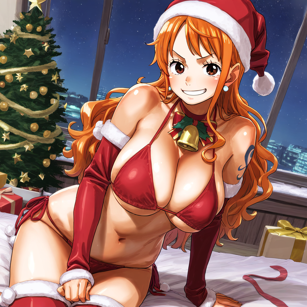 1girls ai_generated christmas christmas_bikini christmas_outfit female female_only karubi11291129 nami nami_(one_piece) one_piece santa_hat solo