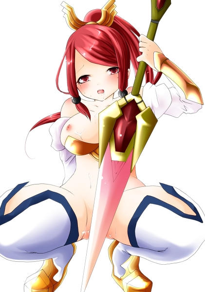 1girls big_breasts blazblue female female_focus female_only hair izayoi izayoi_(blazblue) lance long_hair mostly_nude nude open_mouth red_eyes red_hair solo solo_female tagme tsubaki_yayoi