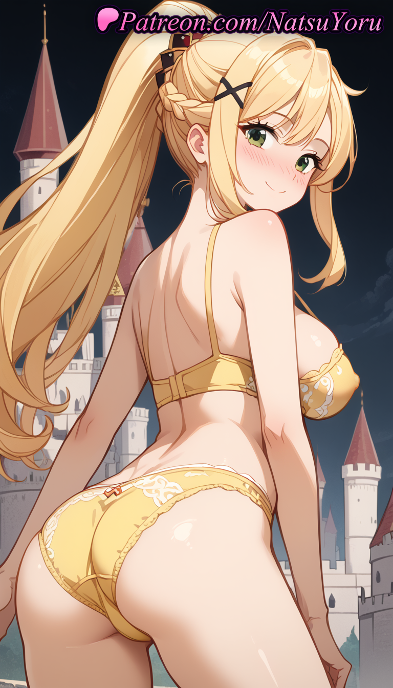 1girls ai_generated anime anime_style arched_back asian ass back bangs bare_arms bare_shoulders bikini blonde_hair blush bra braid breasts bust busty castle closed_mouth covered_nipples cowboy_shot crown_braid darkness_(konosuba) female female_focus female_only from_behind green_eyes hair_ornament hentai juicy_butt kono_subarashii_sekai_ni_shukufuku_wo! large_breasts long_hair looking_at_viewer looking_back natsuyoru night night_sky nose_blush oshiri outdoors panties pantsu ponytail shoulder_blades sideboob sidelocks sky smile solo solo_female standing strap_gap thighs underwear underwear_only voluptuous voluptuous_female x_hair_ornament yellow_bra yellow_panties