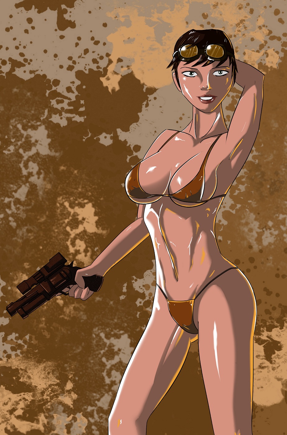 borderlands borderlands_2 clothing female firearm handgun human kagato007 pale_skin patricia_tannis revolver swimwear tagme weapon