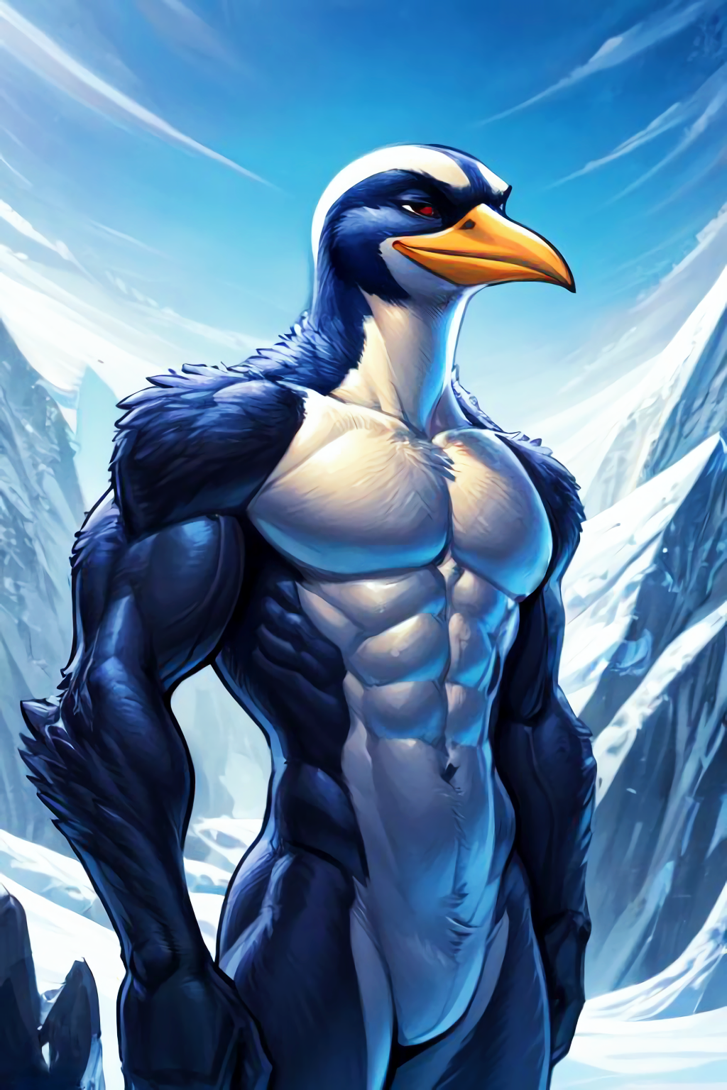 abs ai_generated antarctica anthro athletic athletic_anthro athletic_male avian beak biceps bird black_body feathers male muscular muscular_anthro muscular_male navel nude pecs penguin solo triceps white_body