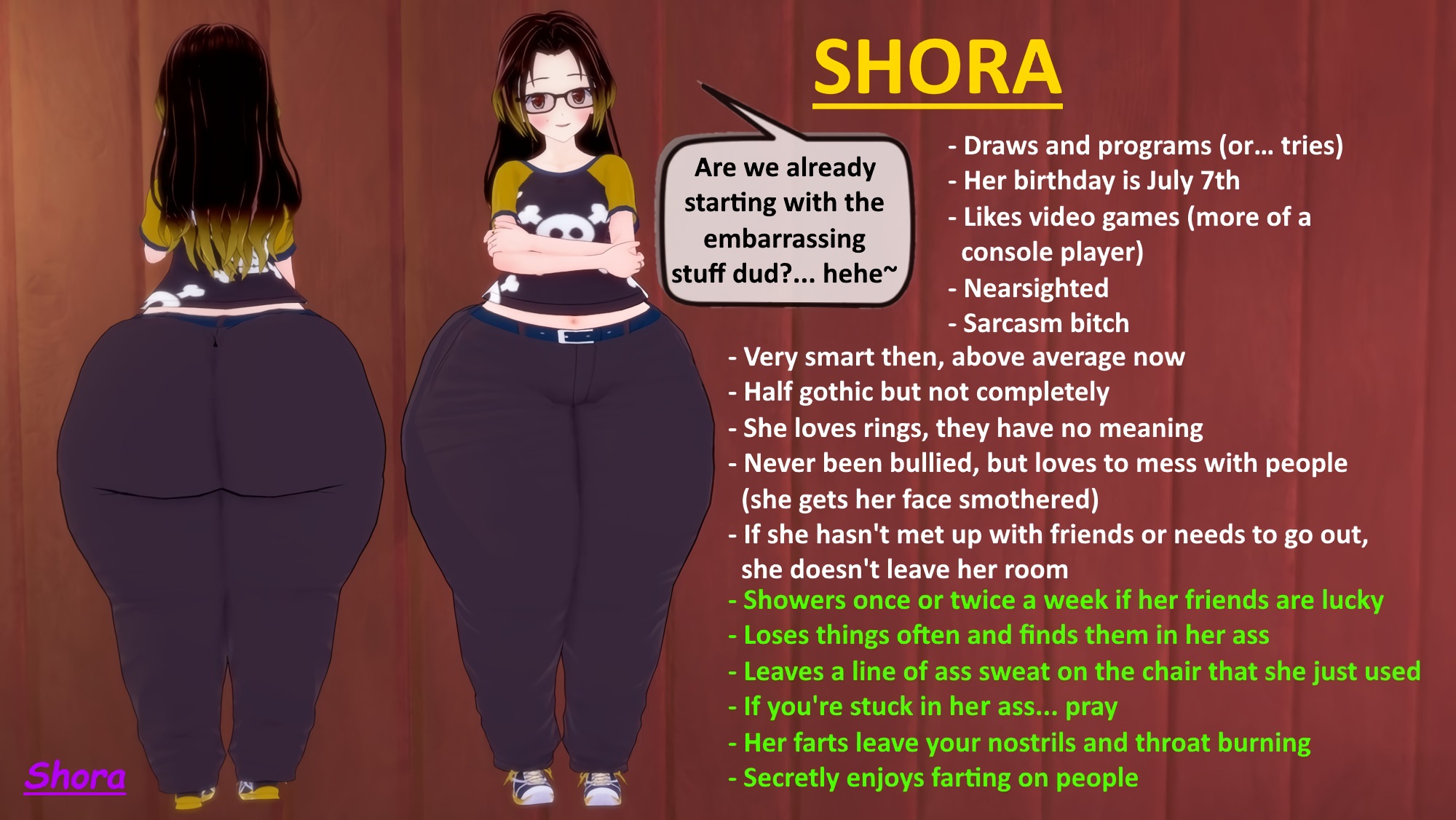 1girls, big ass, big butt, big thighs, character sheet, clothes, eproctophillia, fart, fart fetish, female, fully clothed, glasses, huge ass, huge butt, huge thighs, looking at viewer, nerd, shora (shora gasniffa), shora gasniffa, smile, smiling, smiling at viewer, thick ass, thick thighs, wide hips