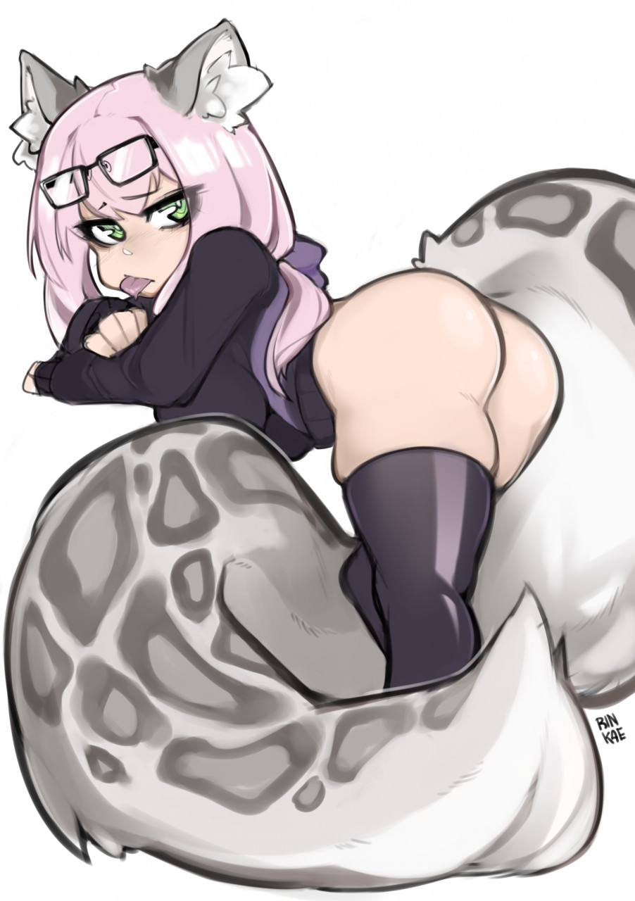 animal_humanoid ass big_tail bottomwear cat_humanoid clothing eyewear felid felid_humanoid feline feline_humanoid female glasses hair hi_res humanoid legwear looking_at_viewer looking_back looking_back_at_viewer mammal mammal_humanoid pink_hair rinkae skirt solo stockings tail