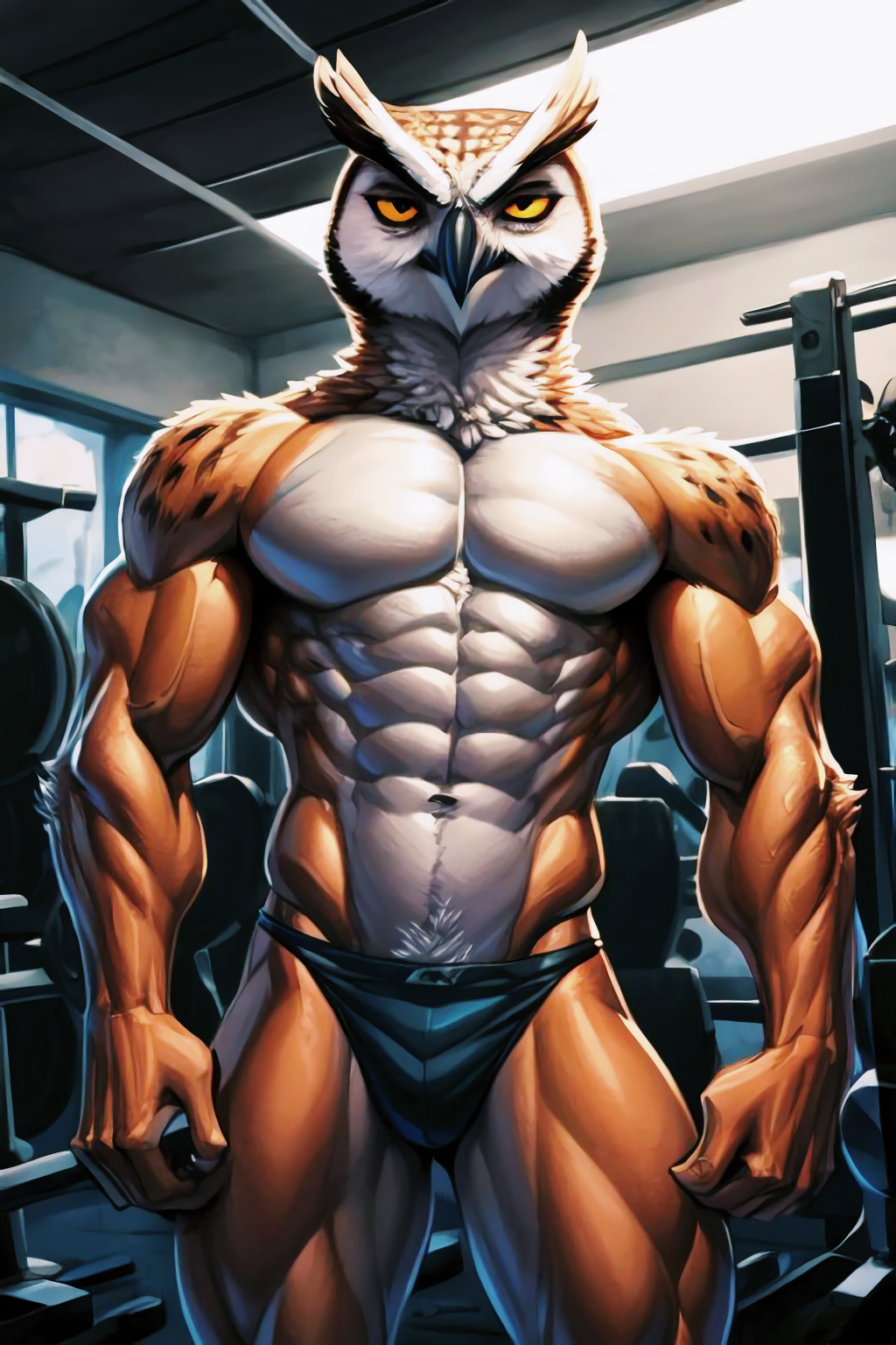 abs ai_generated anthro athletic avian beak biceps bird bubo_(genus) deltoids feathers gym male muscular muscular_anthro muscular_male owl pecs ripped_muscles solo triceps true_owl veiny_muscles