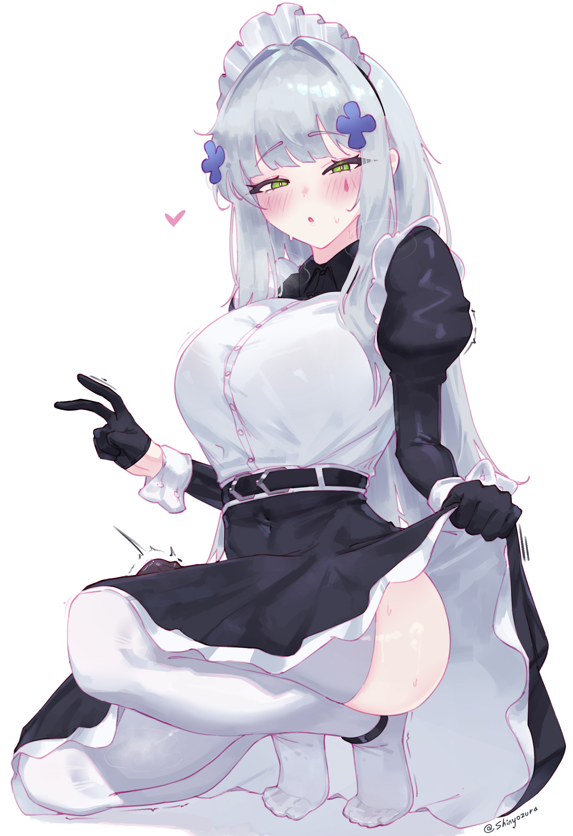 1futa, alternate version at source, alternate version available, big breasts, blush, breasts, bulge, bulge through clothing, clothing, futa only, futanari, girls' frontline, green eyes, grey hair, hair ornament, hk416 (girls' frontline), implied futa, large breasts, long hair, looking at viewer, maid, maid headdress, maid uniform, shinyozura, skirt, skirt lift, solo, solo futa, squatting, sweat, sweatdrop, teardrop facial mark, thighhighs, upskirt, v sign