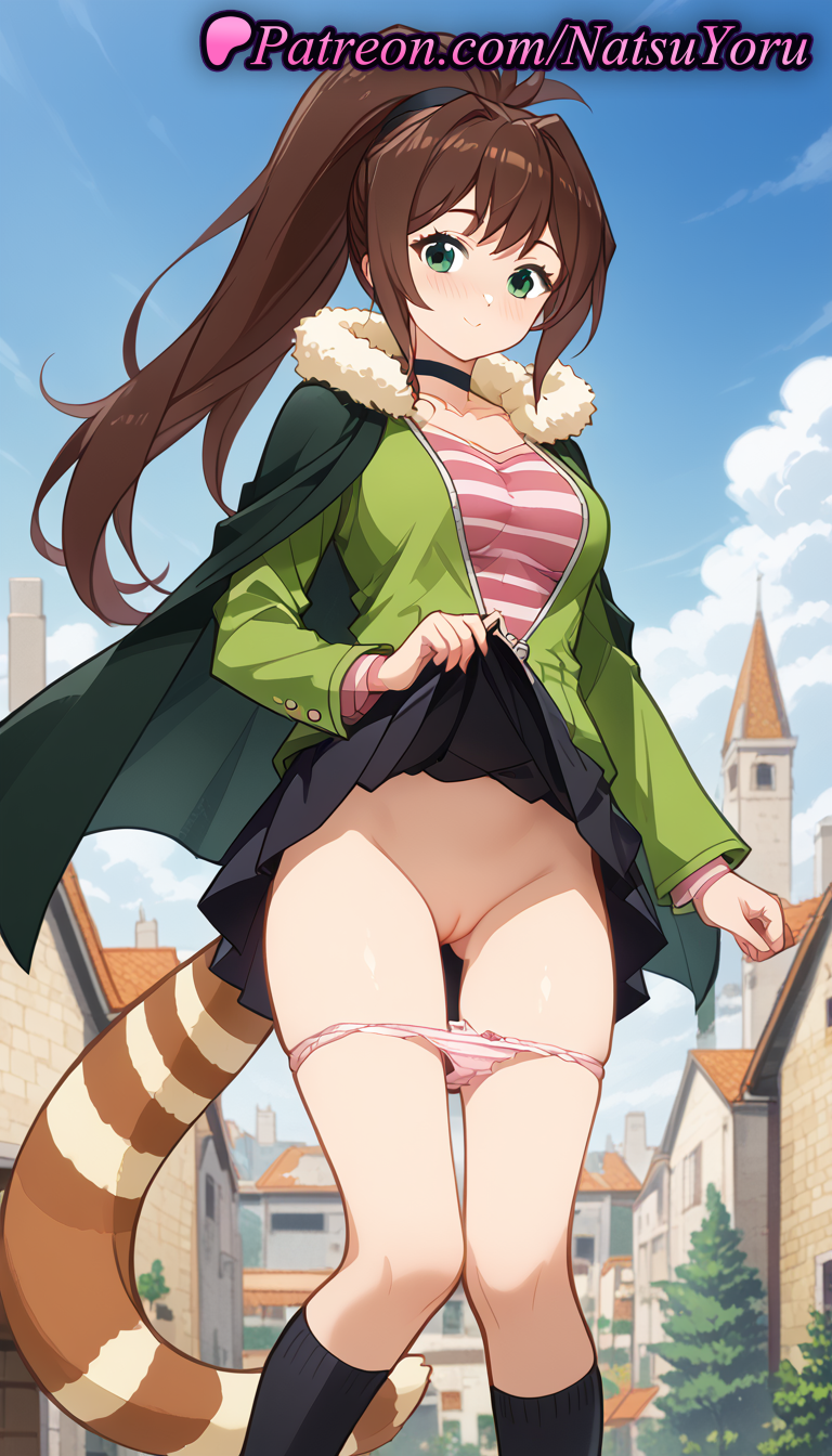 1girls ai_generated anime anime_style ass_visible_through_thighs bangs black_choker black_skirt black_socks blue_sky blush bow bow_panties breasts brown_hair building bust busty cape choker cleft_of_venus closed_mouth clothes_lift cloud collarbone day feet_out_of_frame female female_focus female_only fur fur-trimmed_cape fur-trimmed_jacket fur_collar fur_trim green_cape green_eyes green_jacket hentai high_ponytail jacket kneehighs kono_subarashii_sekai_ni_shukufuku_wo! labia legs lifted_by_self long_hair long_sleeves looking_at_viewer medium_breasts miniskirt natsuyoru non-asian open_clothes open_jacket outdoors paipan panties panties_down pantsu panty_pull partially_unzipped pink_panties pink_shirt pleated_skirt ponytail public_indecency pussy raccoon_tail rin_(konosuba) shirt skirt skirt_lift sky smile socks solo solo_female standing striped striped_clothes striped_shirt tail thigh_gap uncensored underwear vagina voluptuous voluptuous_female zipper