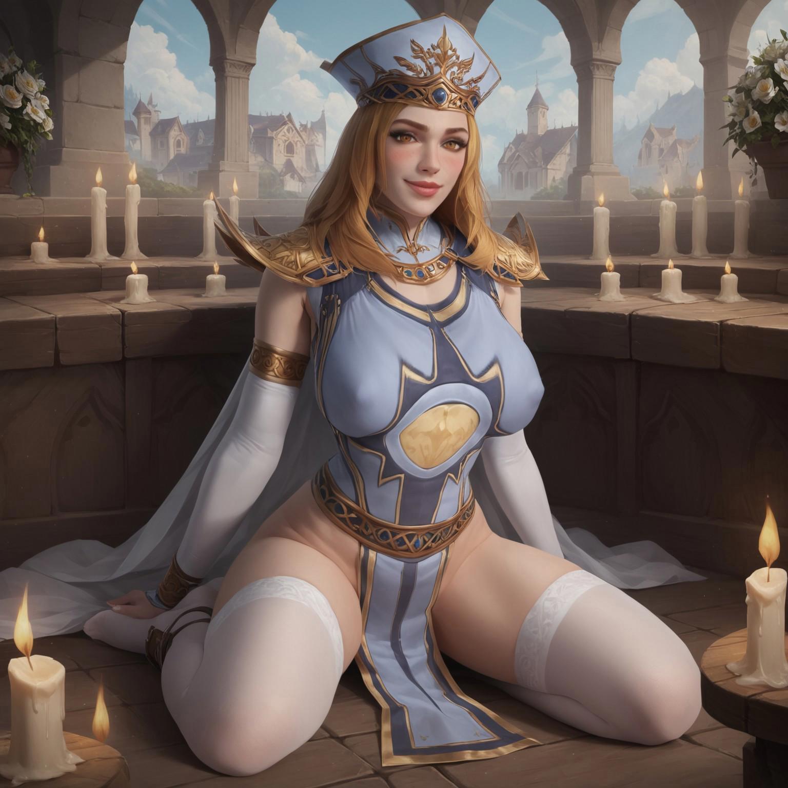 1girls ai_generated argent_confessor_paletress blonde_hair human_(world_of_warcraft) long_hair sitting_on_lap stockings world_of_warcraft