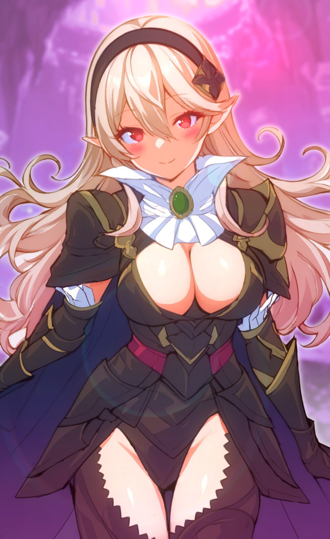 1girls black_panties cleavage corrin_(female)_(nohr_noble)_(fire_emblem) corrin_(fire_emblem) corrin_(fire_emblem)_(female) fire_emblem fire_emblem_fates fire_emblem_heroes grey_hair hairband kakk_e large_breasts manakete nintendo panties pointy_ears red_eyes smile thigh_window thighs