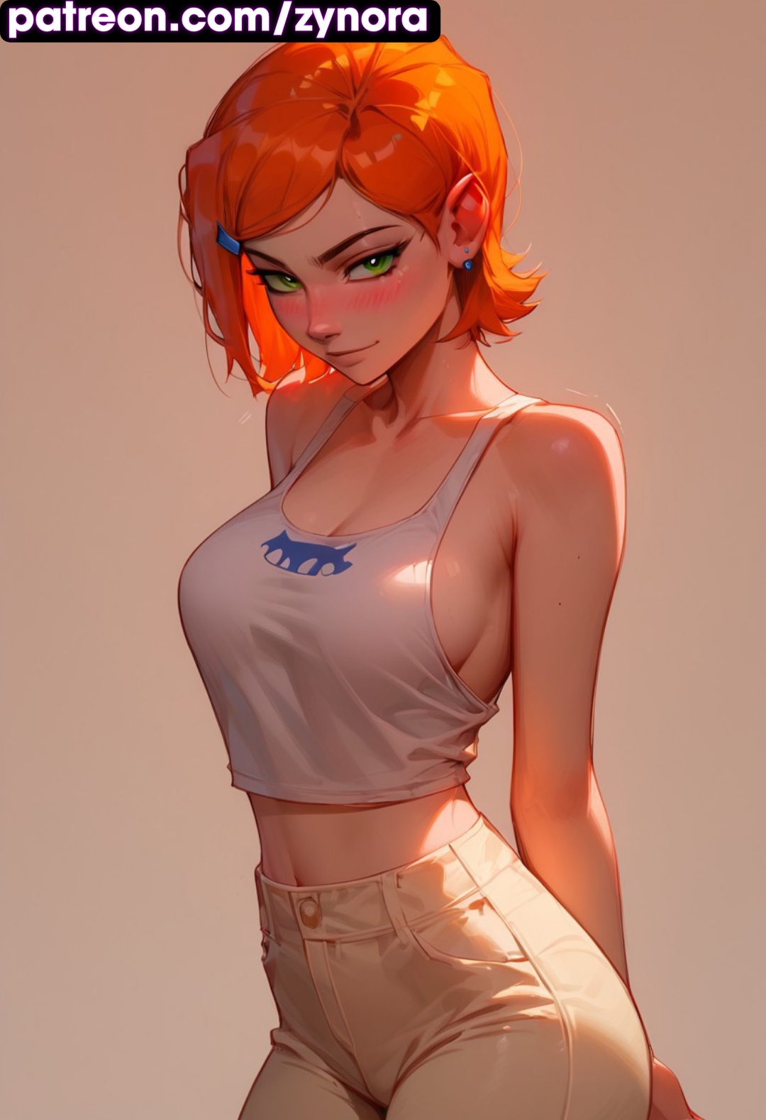 ai generated, ass, ben 10, big ass, big breasts, blush, breasts, cleavage, dress, exposed breasts, female, gwen tennyson, gwen tennyson (classic), looking at viewer, medium breasts, orange hair, pose, ryuuziken01, short hair, shy, warm colors