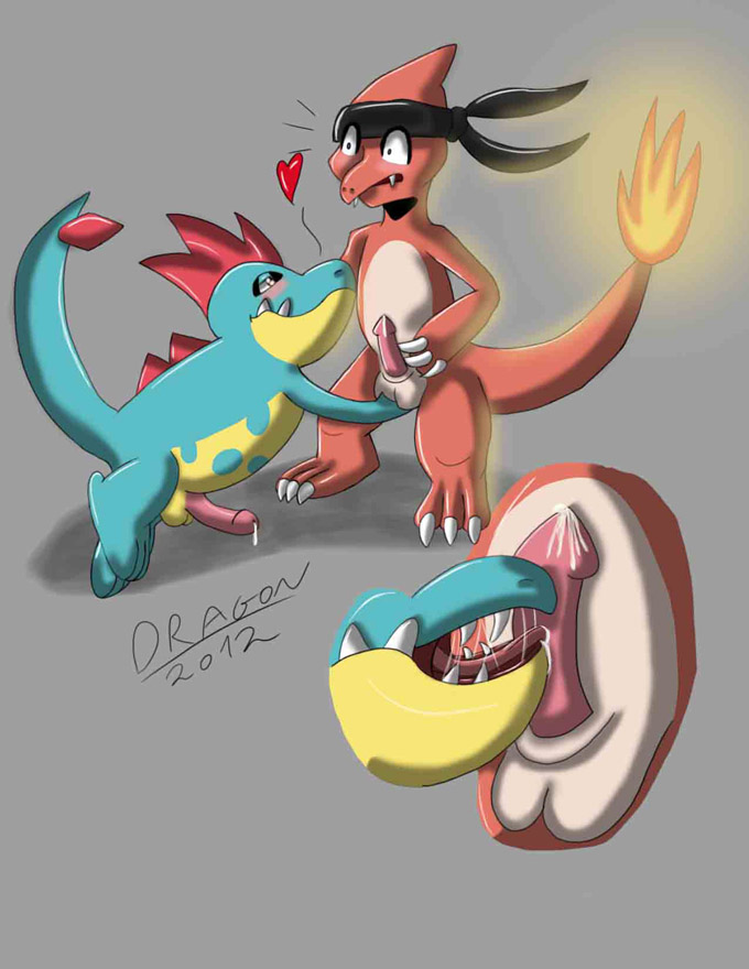 2012 charmeleon color croconaw dragonartw fire headband interspecies male male_only multiple_males nintendo nude penis pokemon standing tagme tail tail_fire testicles yaoi