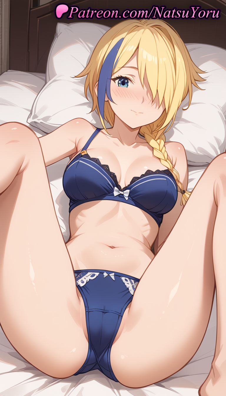 1girls ai_generated anime anime_style bare_legs bare_shoulders bed bed_sheet blonde_hair blue_bra blue_eyes blue_hair blue_panties blush bow bow_bra bow_panties bra braid breasts breasts_apart bust busty cameltoe claire_(konosuba) cleavage closed_mouth collarbone crotch feet_out_of_frame female female_focus female_only hair_over_one_eye hair_over_shoulder hentai indoors knees_up kono_subarashii_sekai_ni_shukufuku_wo! long_hair looking_at_viewer lying m_legs medium_breasts multicolored_hair natsuyoru navel nose_blush on_back on_bed one_eye_covered oshiri panties pantsu pillow single_braid smile solo solo_female spread_legs stomach streaked_hair thighs two-tone_hair underwear underwear_only voluptuous voluptuous_female