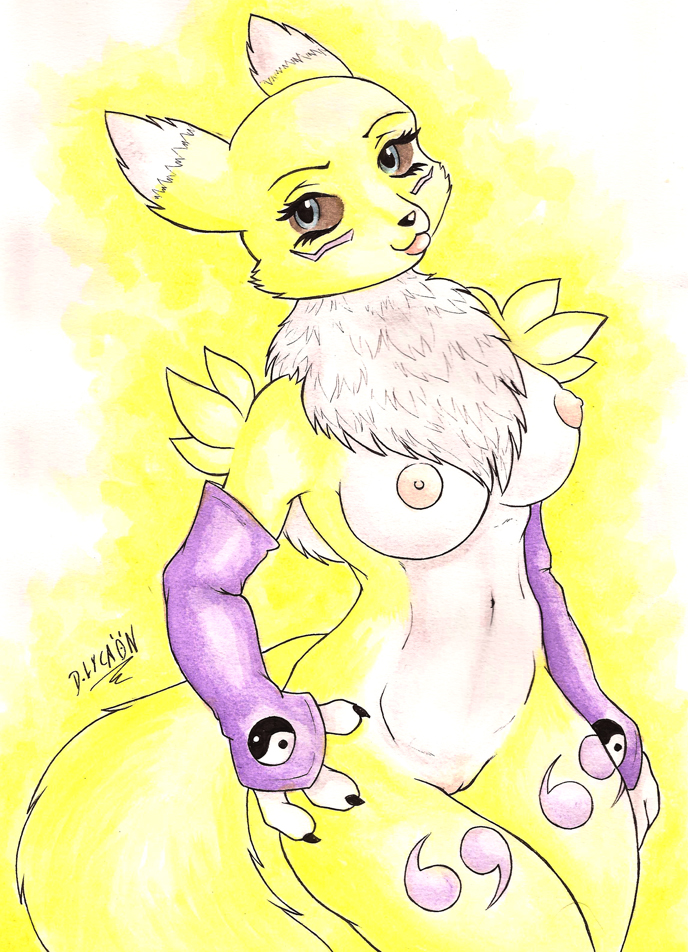 3_fingers anthro black_nose blue_eyes breasts brown_sclera claws closed_mouth color darksteellycaon digimon female female_only front_view fur furry furry_breasts furry_ears furry_tail looking_at_viewer navel nipples nude open_eyes pointy_ears renamon solo standing tail white_fur yellow_fur