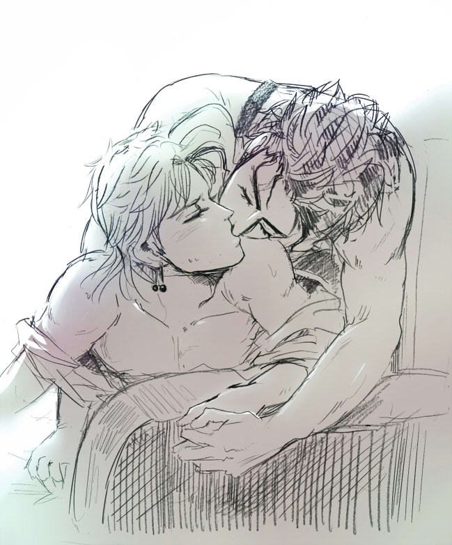 couple from_behind gay holding_hands intimate jojo's_bizarre_adventure jotaro_kujo kissing male male/male male_only male_penetrated mochi_(artist) noriaki_kakyoin on_couch shirt_down stardust_crusaders tagme yaoi