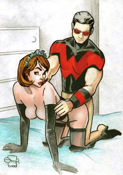 1boy 1girls 2000 abbey_chase all_fours avengers biceps black_hair bottomless breasts brown_hair crossover danger_girl detached_sleeves doggy_style glasses high_heels looking_at_viewer maid marvel muscles nipples pecs satyq sex simon_williams straight thighhighs wonder_man