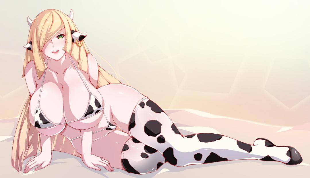 1girls, alternate breast size, big breasts, blonde hair, breasts, cow bikini, cow ears, cow horns, cow print, ellizeh, eye contact, female, female only, green hair, huge breasts, large breasts, looking at viewer, lusamine (pokemon), mature female, micro bikini, milf, nintendo, pokemon, pokemon sm, smile, solo, solo female, thick thighs, thighhighs, thighs, thong
