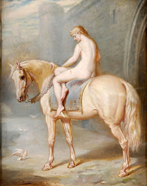 1877 art ass brown_fur casual closed_eyes detailed duo female feral fine_art history horse horseback_riding human lady_godiva long_hair looking_back mammal medieval_england orange_hair outdoors pale_skin public_domain realistic reins sitting size_difference tagme traditional_media_(artwork) william_holmes_sullivan