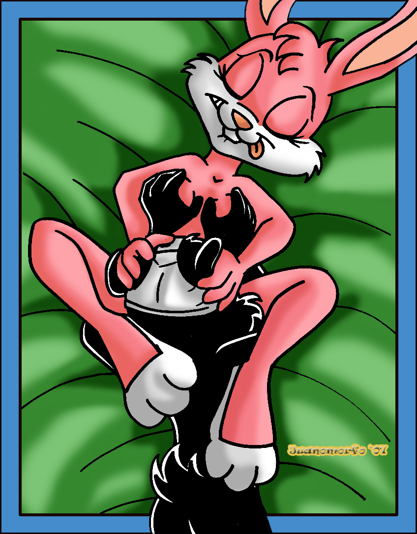 2007 above_view anthro babs_bunny breast_grab character_request closed_eyes female fur furry head_grab juanomorfo lying mammal nude on_back pink_fur rabbit tagme tiny_toon_adventures uncensored