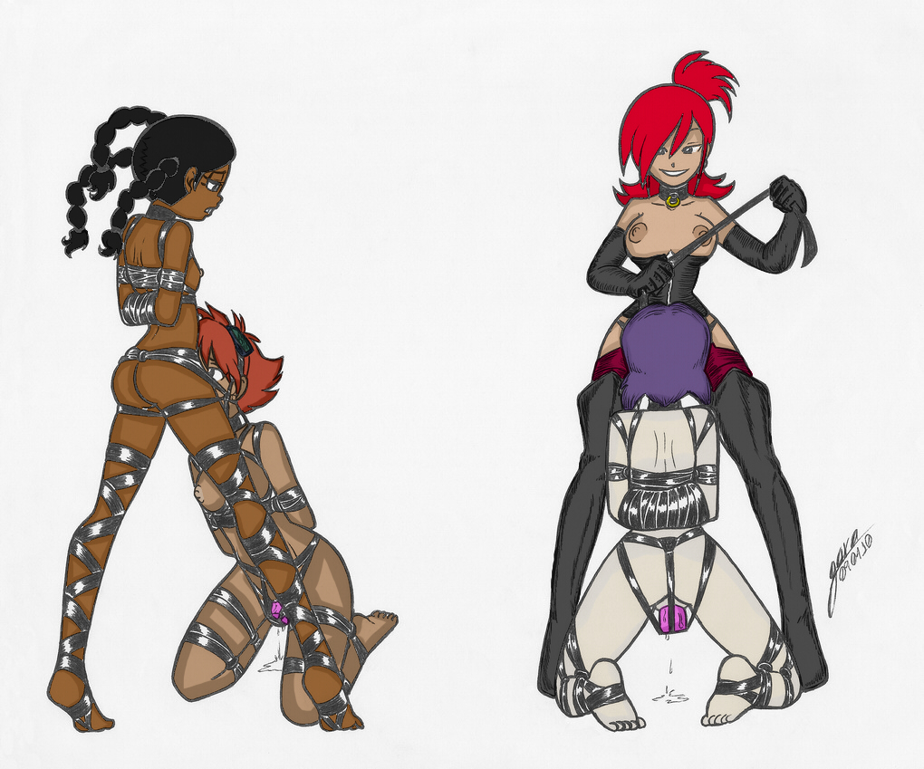 4girls armbinder bondage bound_together cartoon_network cowboy_bebop crossover dominatrix edward_wong_hau_pepelu_tivrusky_iv faye_valentine female female_only forced_yuri foster's_home_for_imaginary_friends frankie_foster garabatoz goo_goo_gaga human jay-triqz multiple_females multiple_girls pussy_juice vibrator white_background yuri