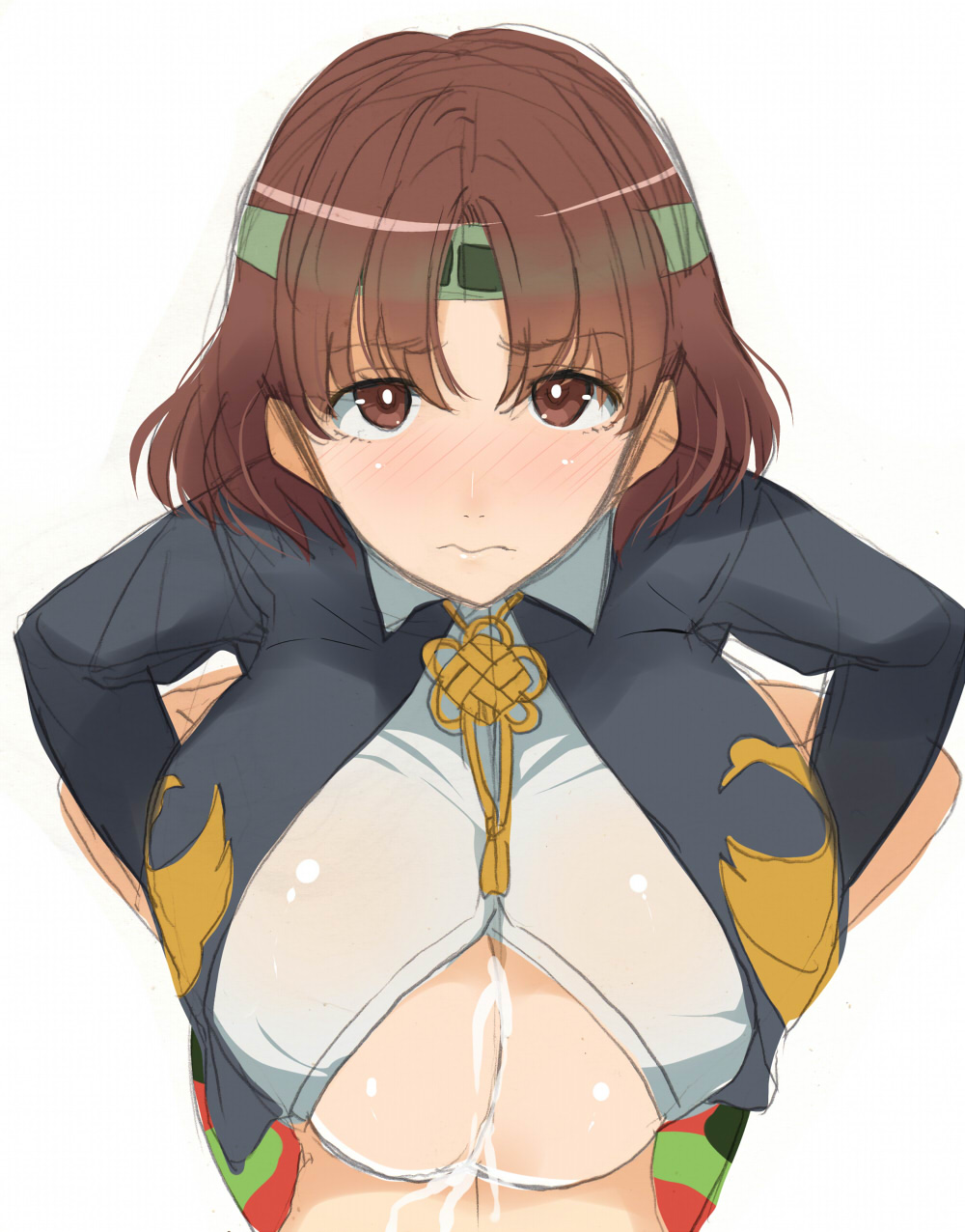 blush breasts brown_eyes brown_hair cum female headband huge_breasts kloah male paizuri paizuri_under_clothes short_hair straight underboob