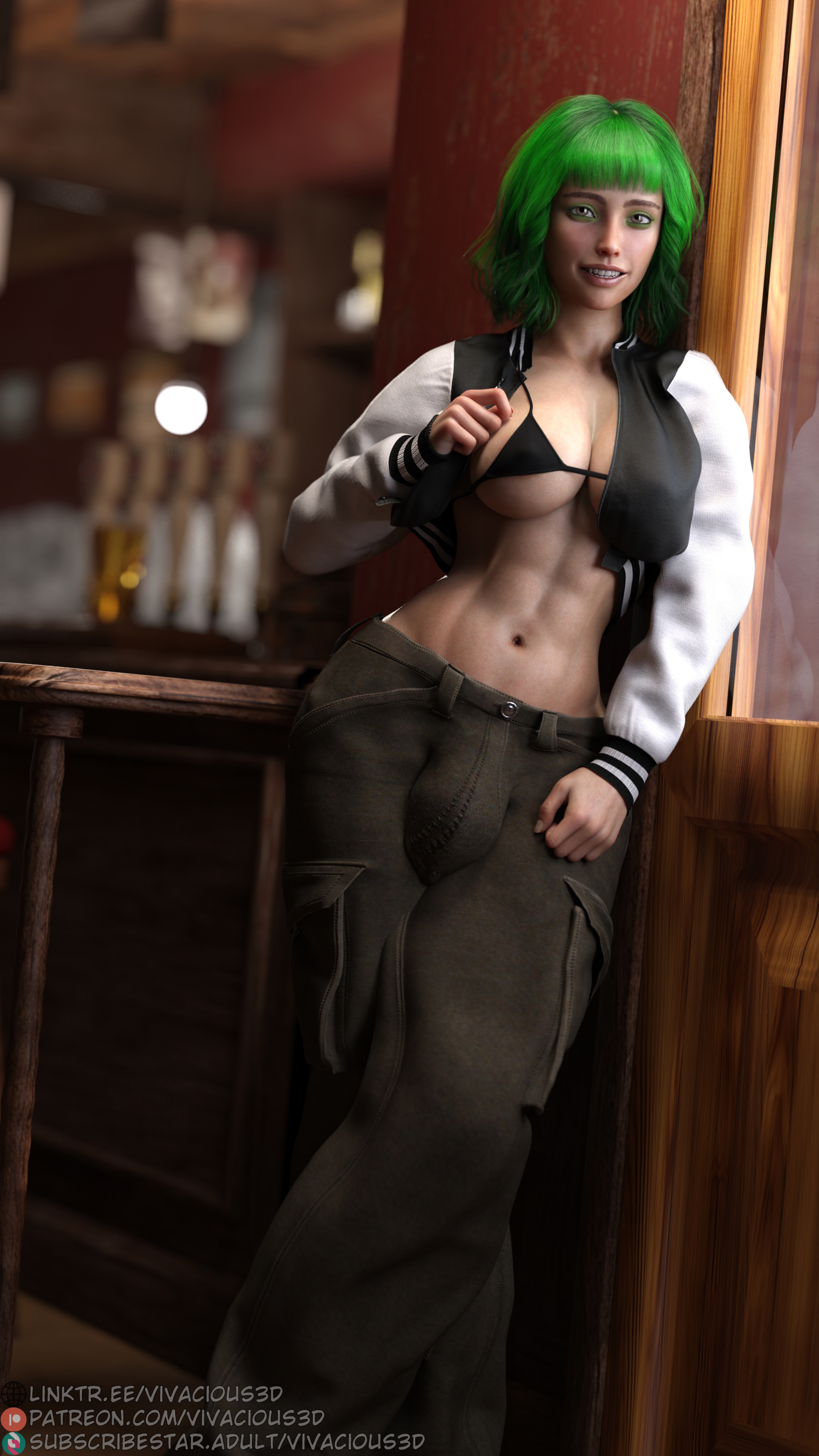 3d, 3d (artwork), 3dx, abs, bikini top, breasts, bulge, bulge through clothing, dickgirl, futa only, futanari, green hair, huge cock, intersex, large breasts, large penis, muscles, penis, vivacious3d