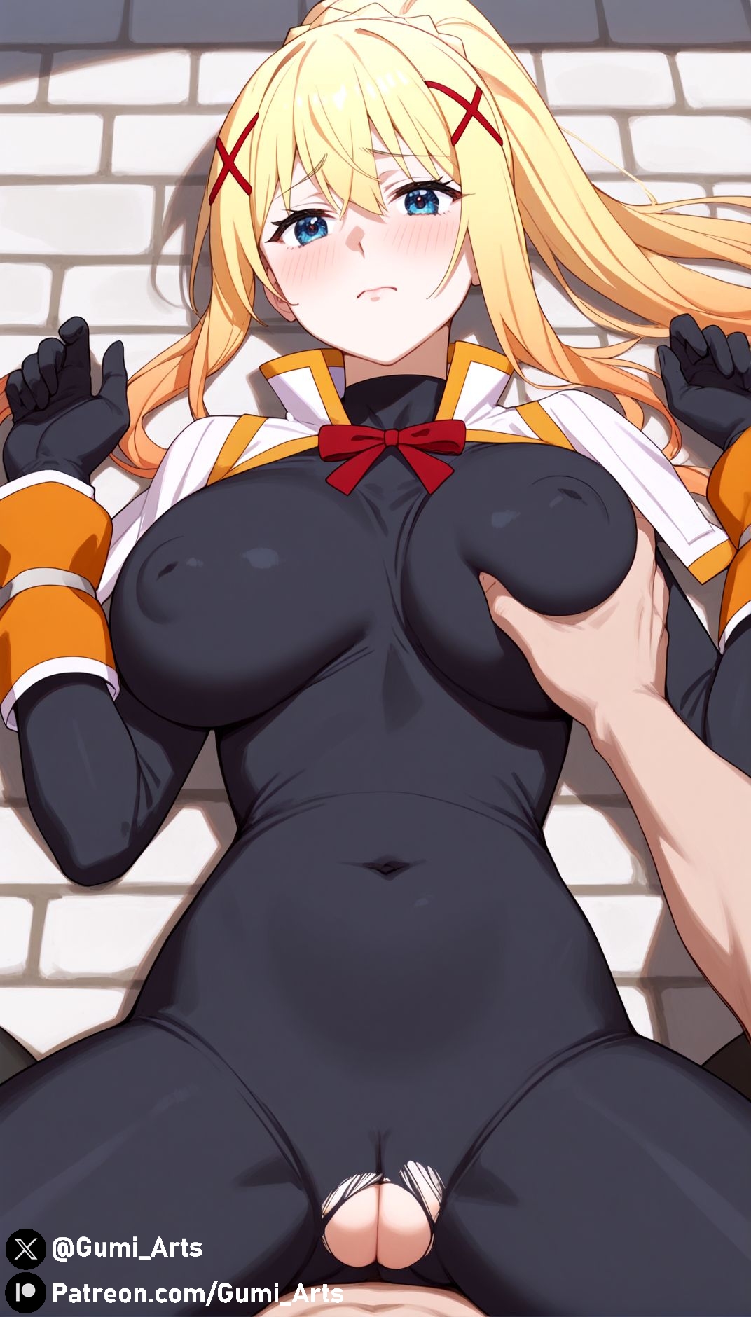 1boy, 1girls, ai generated, blonde hair, blue eyes, blush, bodysuit, breasts, covered nipples, covered pussy, darkness (konosuba), female, gloves, grabbing ass, gumi arts, hair ornament, kono subarashii sekai ni shukufuku wo!, large breasts, long hair, male, on back, pantyhose, ponytail, pov, pussy, shy, stable diffusion, thick thighs, torn clothes