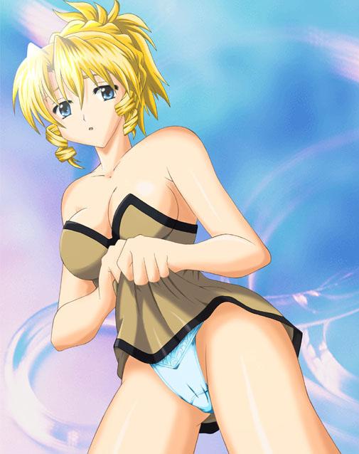 1girls beige_skin blonde_hair blue_eyes breasts cleavage clothing color covered_breasts dress dress_lift eyes female female_only hair no_panties open_eyes outdoors pacifica_casull panties scrapped_princess short_hair skin solo